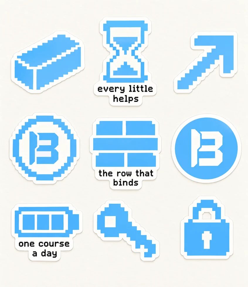 Pixel sticker set: Many a little makes a mickle, Every little helps, binary arrow, hourglass
