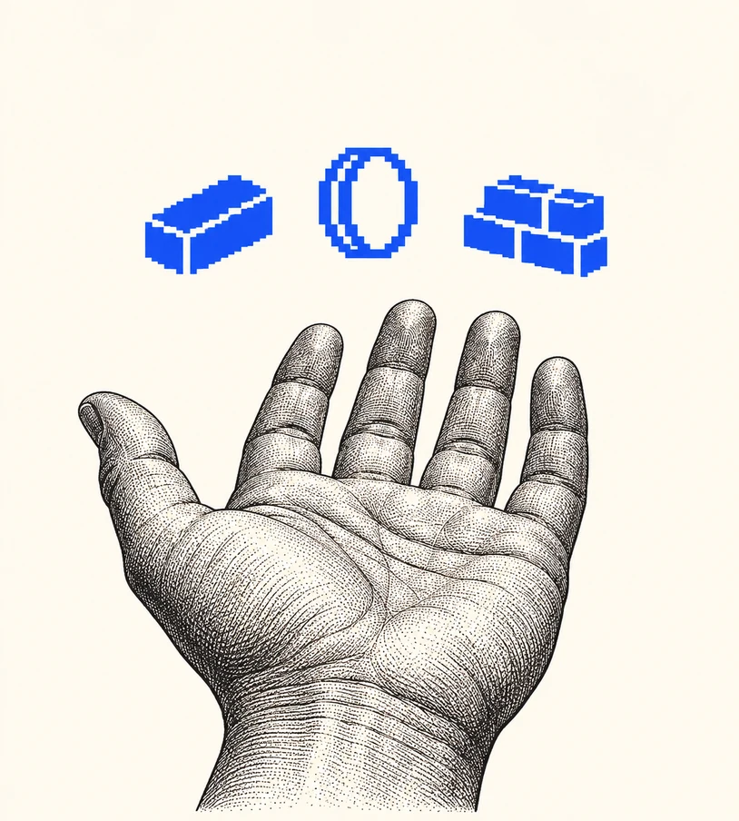 Engraved open hand under green pixel warning signs